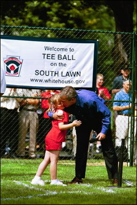 President George W. Bush and Mrs. Bush hosts Tee Ball on the South Lawn with The Fort Belvoir Little League Braves of Fort Belvoir, Virginia and the Naval Base Little League Yankees of Norfolk, Virginia, June 23, 2003.