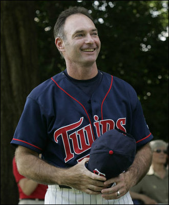 Minnesota Twins baseball star Paul Molitor is introduced to the crowd Sunday, July 24, 2005, at a Tee Ball game on the South Lawn of the White House, where he participated as first base coach.