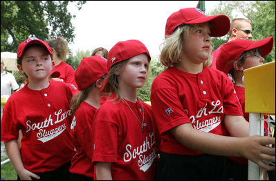 Members of the Luray, Virginia Red Wings watch from the bench Wednesday, June 27, 2007, during the first White House Tee Ball Game of the 2007 season as they go against the Bobcats from Cumberland, Maryland, on the South Lawn of the White House.