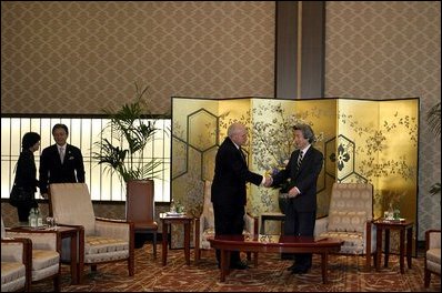 Vice President Cheney meets with Japanese Prime Minister Junichiro Koizumi at the Prime Minister's official residence in Tokyo April 12, 2004. 