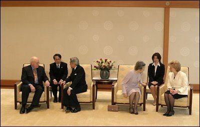 During a meeting at the Imperial Palace, Vice President Cheney and Mrs. Cheney talk with Japanese Emperor Akihito and Empress Michiko in Tokyo April 13, 2004. 