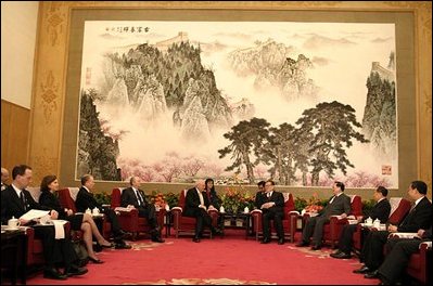 Vice President Cheney meets with former President of China Jiang Zemin in Beijing April 14, 2004. 