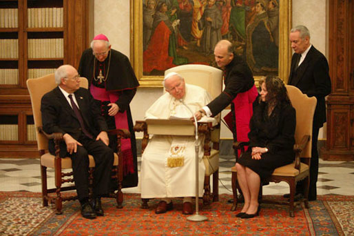Vice President Dick Cheney and his wife, Lynne, meet His Holiness Pope John Paul II in the Vatican in Rome Jan. 27, 2004. The visit was part of a five-day trip through Switzerland and Italy for consultations with European allies on national security and economic matters. White House photo by David Bohrer.