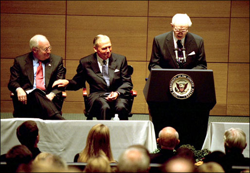 Vice President Dick Cheney and Jon Huntsman listen to an introduction by Gordan B. Hinckley during the dedication ceremony of Jon Huntsman Hall at the University of Pennsylvania's Wharton School of Business in Philadelphia, Pa., Oct. 25, 2002. "(Jon Huntsman) has to rank among the most successful and public-minded citizens any place in our nation," said the Vice President during his remarks about his friend of more than 30 years. "In every setting -- public, private, and personal -- I've found him to be one of the people I most admire, a man of discernment, of character, and humanity." White House photo by David Bohrer