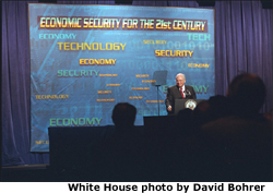 After touring the Tech Museum on Innovation in San Jose, Calif., Vice President Dick Cheney addresses technology industry leaders Feb. 21. "There is every reason for confidence in the future of your industry, of our economy, and of this great country of ours," said the Vice President to the audience of 350 people. White House photo by David Bohrer