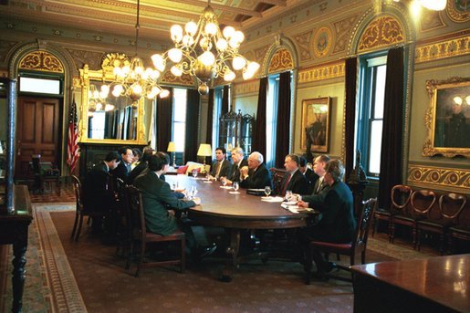 Photo of Vice President Cheney in a meeting held in the Vice President's Ceremonial Office.