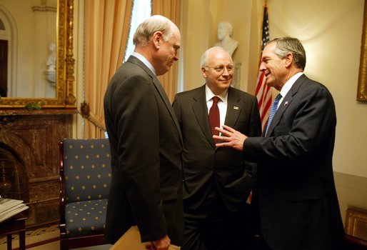 After casting the deciding vote for Congressional approval of a $350 billion jobs and growth package, Vice President Dick Cheney talks with Secretary of the Treasury John Snow, left, and Secretary of Commerce Don Evans in his Senate office at the U.S. Capitol Friday, May 23, 2003. White House photo by David Bohrer.