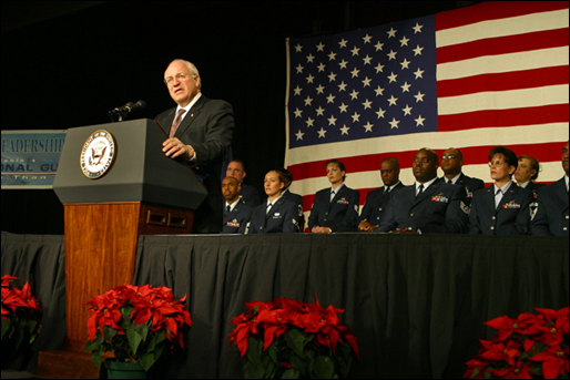More than 1,500 Air Force Air National Guard members listen as Vice President Dick Cheney discusses the role the Guard plays in the war on terrorism during the Air National Guard Senior Leadership Conference in Denver, Monday, Dec. 2. 