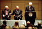 Vice President Dick Cheney and Jon Huntsman listen to an introduction by Gordan B. Hinckley during the dedication ceremony of Jon Huntsman Hall at the University of Pennsylvania's Wharton School of Business in Philadelphia, Pa., Oct. 25, 2002. "(Jon Huntsman) has to rank among the most successful and public-minded citizens any place in our nation," said the Vice President during his remarks about his friend of more than 30 years. "In every setting -- public, private, and personal -- I've found him to be one of the people I most admire, a man of discernment, of character, and humanity." White House photo by David Bohrer.
