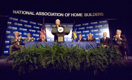 Joined on stage by Secretary of Housing and Urban Development Mel Martinez (second on left), Vice President Dick Cheney speaks to the National Association of Home Builders at the Washington Hilton Hotel in Washington, DC June 6, 2002. White House photo by David Bohrer.