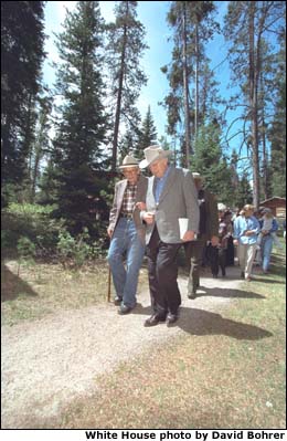 Vice President Cheney walks with conservationist Laurance S. Rockefeller at the JY Ranch in Jackson, WY. Following in the footsteps of his father, John D. Rockefeller, Mr. Rockefeller donated the 1,100 ranch to the Grand Teton National Park. His father donated 33,000 acres in 1949, which formed the majority of the land in the original park. White House photo by David Bohrer.