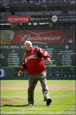 Vice President Dick Cheney winds up to throw the ceremonial first pitch at the Washington National's home opener against the New York Mets at RFK Memorial Stadium in Washington, Tuesday, April 11, 2006. The tradition of the president or vice president throwing out the ceremonial first pitch at a baseball game in Washington D.C. dates back to President Taft in 1910. The last vice president to throw the pitch was Vice President Humphrey in 1968.