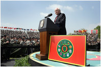 Vice President Dick Cheney delivers remarks during a rally for the troops at Fort Riley Army Base in Kansas, Tuesday, April 18, 2006. Many of the troops in attendance were part of the 3rd Brigade Combat Team who recently returned from Iraq. While deployed in Iraq, the 3rd Brigade Combat Team conducted more than 22,000 patrols, 200 raids, 1,300 cordon and search missions, 6,500 traffic control points, 1,500 convoy security operations and 4,100 supply route security missions.