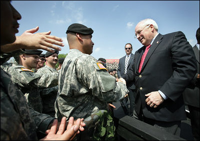 Vice President Dick Cheney greets soldiers at Fort Riley Army Base after delivering remarks at a rally for the troops, Tuesday, April 18, 2006.