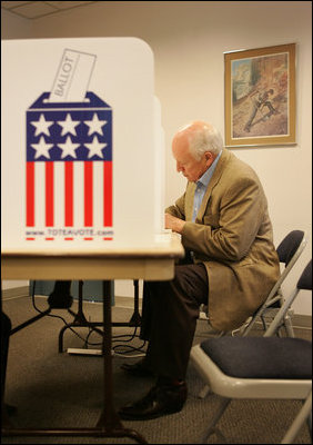 Vice President Dick Cheney votes in the Wyoming state primary election, Tuesday, August 22, 2006, at the fire station in his hometown of Wilson, Wyo.