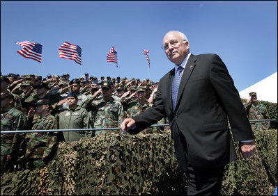 Vice President Dick Cheney is saluted by military personnel upon his arrival to a rally for the troops, Tuesday, August 29, 2006, at Offutt Air Force Base in Omaha, Neb. Offutt Air Force Base is home to the U.S. Strategic Command Headquarters and the Fighting 55th Wing, the largest wing in the Air Combat Command and the second largest in the Air Force.