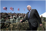 Vice President Dick Cheney is saluted by military personnel upon his arrival to a rally for the troops, Tuesday, August 29, 2006, at Offutt Air Force Base in Omaha, Neb. Offutt Air Force Base is home to the U.S. Strategic Command Headquarters and the Fighting 55th Wing, the largest wing in the Air Combat Command and the second largest in the Air Force.