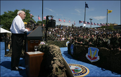 Vice President Dick Cheney addresses over 8,000 military and civilian personnel and their families, Tuesday, August 29, 2006, at Offutt Air Force Base in Omaha, Neb. "Every day you go on duty, you make this nation safer, and you show the world that the people who wear this country's uniform are men and women of skill, and perseverance, and honor," the Vice President said. "Standing here today, in the great American heartland, I want to thank each and every one of you for the vital work you do, and for your example of service and character."