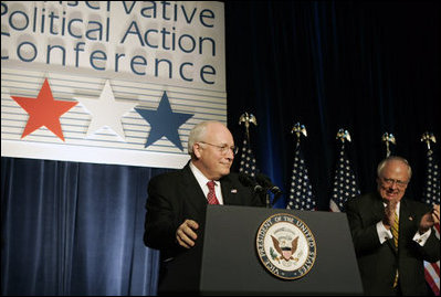 Vice President Dick Cheney is welcomed before delivering the keynote address at the 33rd Annual Conservative Political Action Conference Dinner in Washington, Thursday, February 9, 2006. During his remarks on the 2006 Agenda the Vice President commented on the steadfast nature of the American people and said, "in these five years we've been through a great deal as a nation. Yet with each test, the American people have displayed the true character of our country. We have built for ourselves an economy and a standard of living that are the envy of the world. We have faced dangers with resolve. And we have been defended by some of the bravest men and women this nation has ever produced."