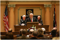 Vice President Cheney recounts his early days in politics during an address to a joint session of the Wyoming State Legislature in Cheyenne, Friday, February 17, 2006. “I would not be where I am today were it not for the friendship and the confidence of people all across this state,” the Vice President said. “It's always good to be home. And this morning, as an officeholder -- and, more than that, as a citizen of Wyoming -- I count it a high honor to be in such distinguished company.”