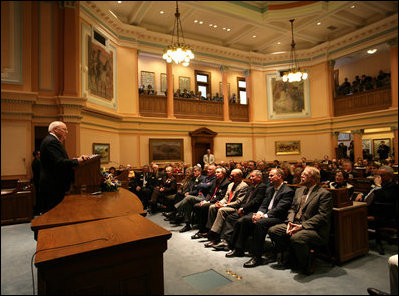 Vice President Dick Cheney delivers remarks to a joint session of the Wyoming State Legislature at the State Capitol in Cheyenne, Friday, February 17, 2006.