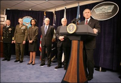 President George W. Bush gestures as he addresses his remarks on the global war on terror, Wednesday, Jan. 4, 2006, to an audience at the Pentagon, following a Department of Defense briefing with Vice President Dick Cheney, Secretary of Defense Donald Rumsfeld, Secretary of State Condoleezza Rice, General Peter Pace, Chairman of the Joint Chiefs of Staff and Admiral Ed Giambastiani, Vice Chairman of the Joint Chiefs of Staff.