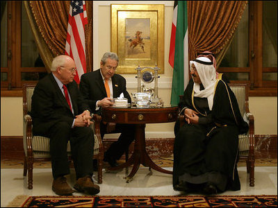 Vice President Dick Cheney meets with Kuwaiti Prime Minister Sheikh Sabah Al-Ahmed Al-Jaber Al Sabah in Kuwait City, January 17, 2006. The Vice President delivered condolences to the Al Sabah family following the death of Emir Sheikh Jabir al-Ahmad Al Sabah on January 15.