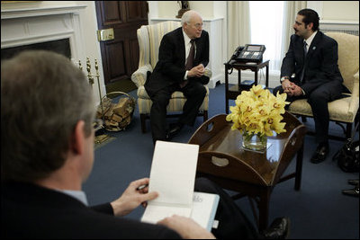 Vice President Dick Cheney meets with Lebanese Parliament member Saad Hariri, Friday January 25, 2006. Earlier in the day Mr. Hariri met President George W. Bush in the Oval Office and discussed the pursuit of democratic freedom and economic revitalization in Lebanon. 