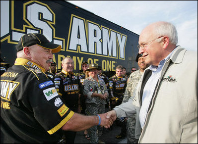 Vice President Dick Cheney meets members of the U.S. ARMY NASCAR racing team Saturday, July 1, 2006, while attending the 2006 Pepsi 400 NASCAR race at Daytona International Speedway in Daytona, Fla.