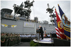 Vice President Dick Cheney delivers remarks to sailors and Marines, Friday, July 7, 2006, aboard the Amphibious Assault ship USS Wasp docked at the Norfolk Naval Station in Norfolk, Va. "All around us today are the signs of American sea power- a fleet like none that has ever sailed before, a Navy and Marine Corps that uphold noble traditions, and a flag that stands for freedom, for human rights, and for stability in a turbulent world," said Vice President Cheney.