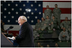 Vice President Dick Cheney addresses troops and families from the Iowa Air and Army National Guard, Monday, July 17, 2006, at Camp Dodge in Johnston, Iowa. During his remarks the Vice President thanked the troops for their efforts in the global war on terror. Approximately 7,500 soldiers from the Iowa Army and Air National Guard have served in Iraq and Afghanistan.