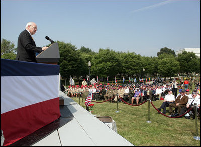 A Korean War veteran salutes during the singing of the National Anthem, Thursday, July 27, 2006 during the 2006 Korean War Veterans Armistice Day Ceremony held at the Korean War Memorial in Washington, D.C. Vice President Dick Cheney honored the veterans in an address and remembered fallen soldiers in a wreath laying ceremony at the memorial.