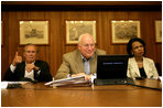 Vice President Dick Cheney is seated with Secretary of State Condoleezza Rice and Secretary of Defense Donald Rumsfeld as they participate in a video teleconference from Camp David, Md., Tuesday, June 13, 2006 with President Bush and Iraqi Prime Minister Nouri al-Maliki in Baghdad.