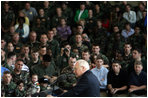 Vice President Dick Cheney addresses troops and families of the 437th Airlift Wing and 315th Reserve Airlift Wing at Charleston Air Force Base in Charleston, South Carolina, Friday, March 17, 2006. In the global war on terror the 437th Airlift Wing airlifts troops and equipment, supports US embassies, airdrops troops into hostile areas, and provides humanitarian relief.