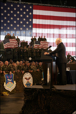 Vice President Dick Cheney thanks troops and their families for their efforts in the global war on terror during remarks delivered at Scott Air Base in Illinois, Tuesday, March 21, 2006. Scott Air Base is the home of the US Transportation Command (USTRANSCOM), which coordinates worldwide transportation efforts using both military and commercial resources. During an average week, USTRANSCOM conducts more than 1,900 air missions and 10,000 ground shipments in 75 percent of the world's countries.