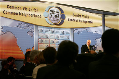 Vice President Dick Cheney delivers the keynote speech Thursday May 4, 2006, at the Vilnius Conference 2006 in Vilnius, Lithuania. In his remarks the Vice President spoke of the story of democracy that has been written over the last two decades in the Baltic and Black Sea regions. "This great story has been repeated many times in the course of a generation, enhancing the lives of millions, and lifting the hopes of millions more," he said , adding, "With the consolidation of democracy, and the expansion of NATO and the European Union, countries that once were rivals have become partners."