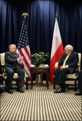 Vice President Dick Cheney and Poland’s President Lech Kaczynski hold a bilateral meeting Thursday, May 4, 2006 at the Vilnius Conference 2006 in Vilnius, Lithuania. During the meeting the two leaders discussed the important relationship between the two countries.