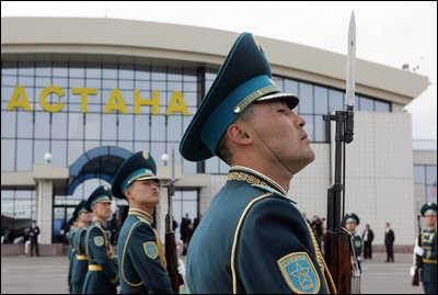 A Kazakh Honor Guard stands at attention during Vice President Dick Cheney's arrival to Astana, Kazakhstan, Friday, May 5, 2006. The Vice President’s visit to Kazakhstan is the second stop of a six-day, three-country trip to Eastern Europe and Central Asia.