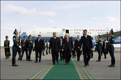 Vice President Dick Cheney walks through an Honor Guard with Foreign Minister Kasymzhomart Tokayev upon arrival in Astana, Kazakhstan, Friday, May 5, 2006. While in Astana the Vice President will meet with Kazakh President Nursultan Nazarbayev to discuss a range of issues including democratization, Central Asian relations, energy, and the global war on terror.