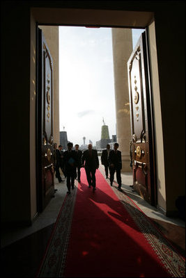 Vice President Dick Cheney enters the Presidential Palace in Astana, Kazakhstan, to meet with Kazakh President Nursultan Nazarbayev, Friday, May 5, 2006. 
