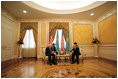 Vice President Dick Cheney talks with Kazakh President Nursultan Nazarbayev in a one-on-one meeting at the Presidential Palace in Astana, Kazakhstan, Friday, May 5, 2006. The two leaders discussed democratic pursuits, energy production, trade and Kazakhstan’s developing role in Central Asia relations.