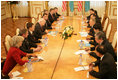 Vice President Dick Cheney, Kazakh President Nursultan Nazarbayev and delegations from the US and Kazakhstan conduct a bilateral meeting at the Presidential Palace in Astana, Kazakhstan, Friday, May 5, 2006.