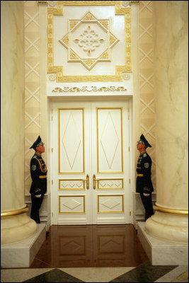 Soldiers stand at attention inside the Presidential Palace in Astana, Kazakhstan, the setting for a series of meetings held by Vice President Dick Cheney and Kazakh President Nursultan Nazarbayev, Friday, May 5, 2006.