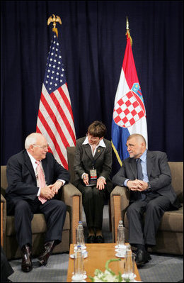 Vice President Dick Cheney meets with Croatian President Stjepan Mesic, Saturday, May 6, 2006 in the southern coastal city of Dubrovnik, Croatia. The Vice President's visit to Croatia is the last stop on a three-country trip.