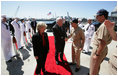 Vice President Dick Cheney and his wife Lynne Cheney is greeted by officers from the amphibious assault ship USS Bonhomme Richard. The Vice president spoke to over 4,000 sailors and Marines and thanked them and their families for their service to the country.