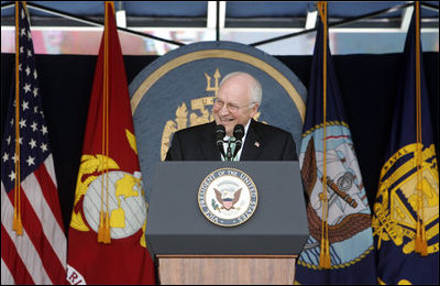 Vice President Dick Cheney delivers the commencement address during the Graduation and Commissioning Ceremony for the U.S. Naval Academy Class of 2006, Friday, May 26, 2006 in Annapolis, Maryland. During his address to the Class of 2006, the first to enter the Academy following the attacks of 9/11, the Vice President said, "We look at you and we see the best that is in our country. In your careers you will serve in a fleet like none other that has ever sailed before. You are part of a Navy and Marine Corps that uphold the noblest of traditions. You serve under a flag that stands for freedom, and human rights, and stability in a turbulent world."