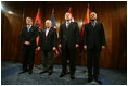 Vice President Dick Cheney stands with Albanian Prime Minister Sali Berisha, left, Croatian Prime Minister Ivo Sanader, center right, and Macedonian Prime MInister Vlado Buckovski, right, during a multilateral meeting of the Adriatic Charter countries, Sunday, May 7, 2006 in Dubrovnik, Croatia. 