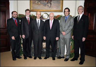 Vice President Dick Cheney meets with the 2006 U.S. Nobel Laureates, Thursday, November 30, 2006 in the Roosevelt Room at the White House. From left to right are Dr. Andrew Fire, 2006 Nobel Prize in Medicine; Dr. George F. Smoot, 2006 Nobel Prize in Physics; Dr. Roger D. Kornberg, 2006 Nobel Prize in Chemistry; Dr. Craig Mello, 2006 Nobel Prize in Medicine; Dr. John C. Mather, 2006 Nobel Prize in Physics. This year marks the first time in 30 years that the U.S. has exclusively won four of the six Nobel prizes, the last time being 1976 when the U.S. won awards in science, economics and literature.