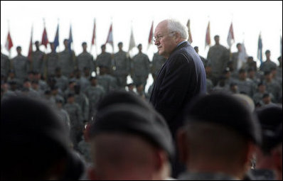 Vice President Dick Cheney stands amidst some 8,500 troops, Wednesday, October 4, 2006, during a rally at Fort Hood, Texas. Fort Hood is the largest active duty armored post in the United States Armed Services and supports two full armored divisions, the 1st Cavalry Division and 4th Infantry Division (Mechanized).
