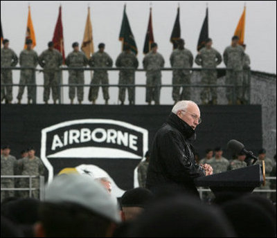 Vice President Dick Cheney addresses members of the 101st Airborne Division at Fort Campbell Army Base in Fort Campbell, Ky., Monday, October 16, 2006. "Last month in Iraq, you completed a year-long deployment that reflected tremendous credit on the Army, and helped to move a liberated country one step closer to a future of security and peace," the Vice President said. "The 101st carried out air assault missions against the enemies of freedom, provided security for national elections, trained some 32,000 police, helped provide border protection, and turned over more territory to 35 Iraqi Army battalions, so they can take the lead in defending their own country."